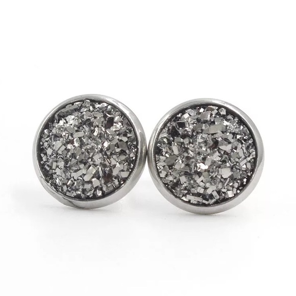 Metallic Silver Stainless Steel Druzy Stud Earrings - Picture 3 of 11